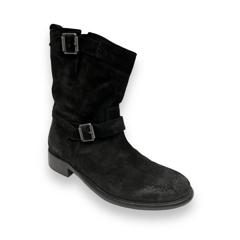 BELSTAFF Black Suede Bedford Buckle Accents Mid Calf Moto Booties Boots 36.5 - Picture 2 of 8